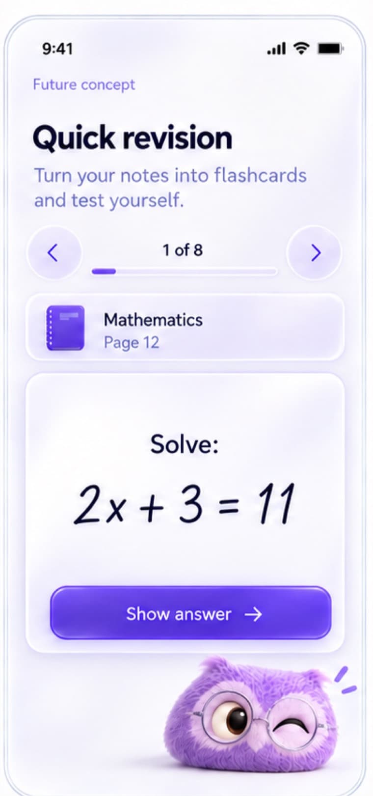A revision flashcard asking to solve 2x + 3 = 11