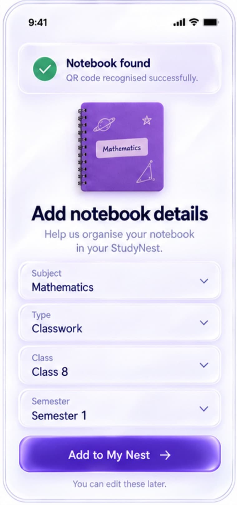 Notebook found: choosing subject, type, class and semester