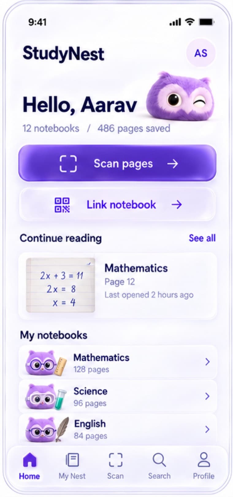 StudyNest home screen greeting a student, with Scan pages and Link notebook buttons