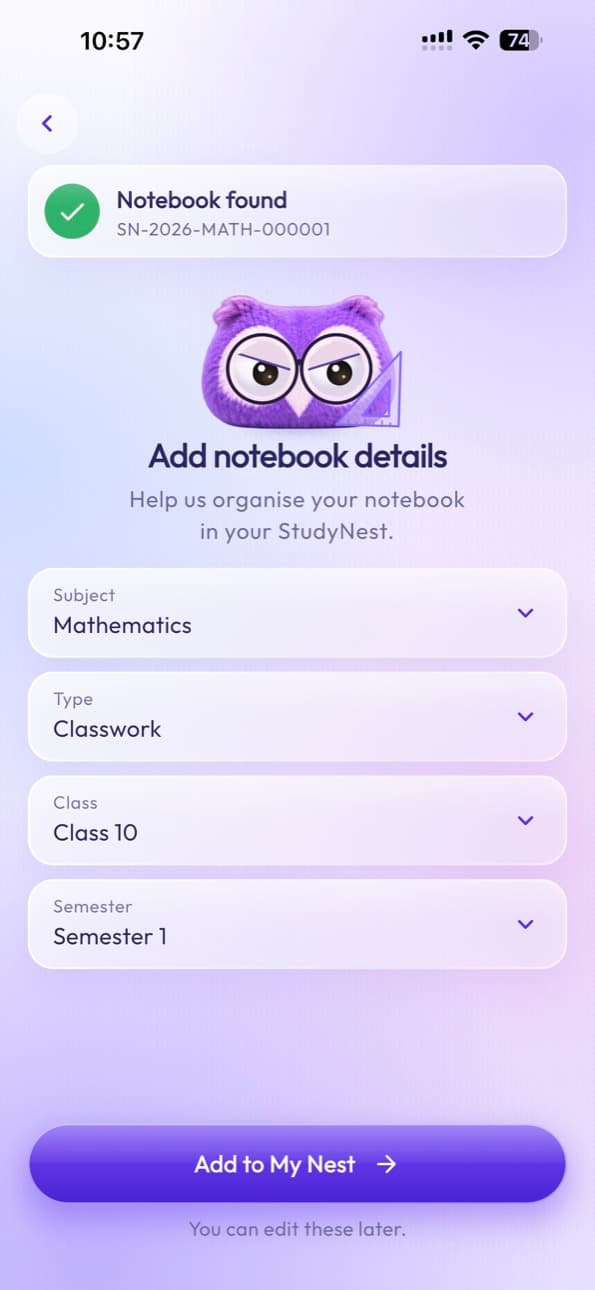 Notebook found: choosing subject, type, class and semester