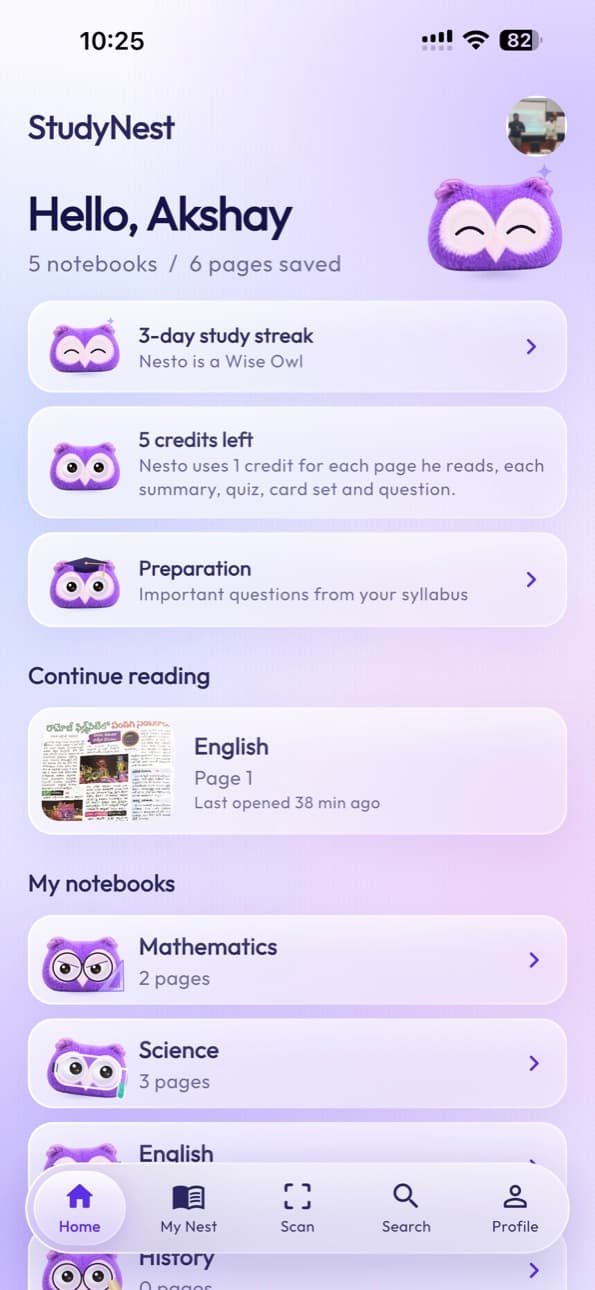 StudyNest home screen greeting a student, with Scan pages and Link notebook buttons