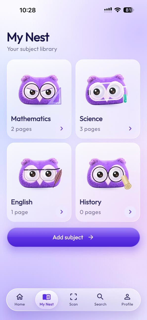 My Nest subject library with an owl for each subject