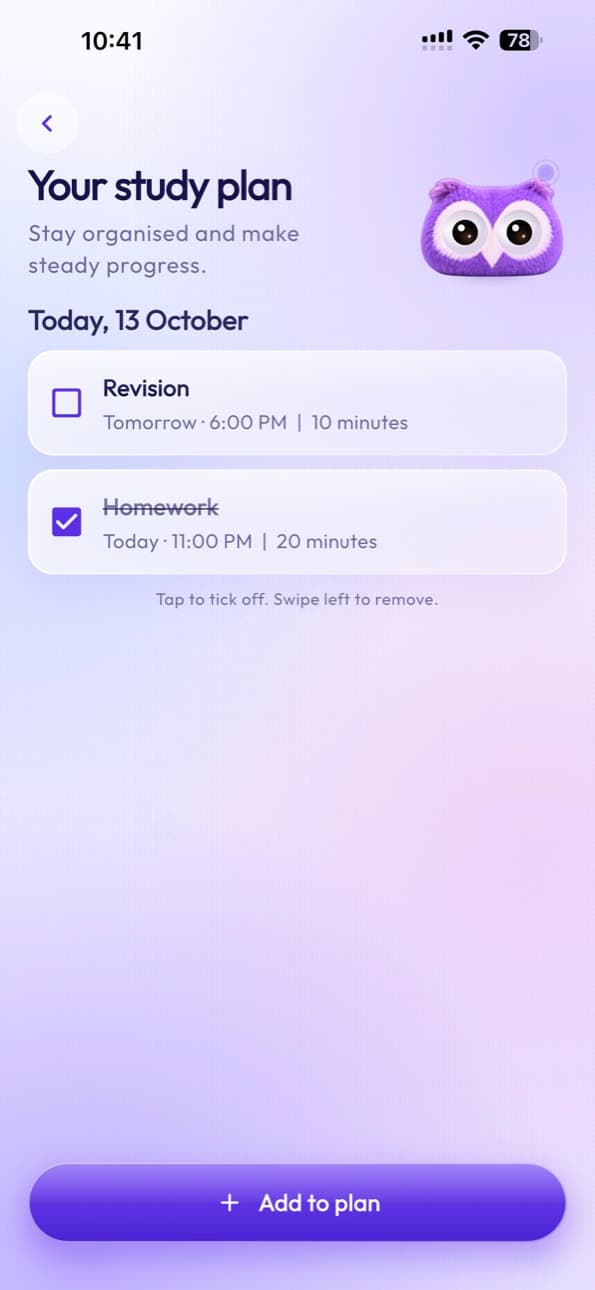 Study planner with two tasks for today