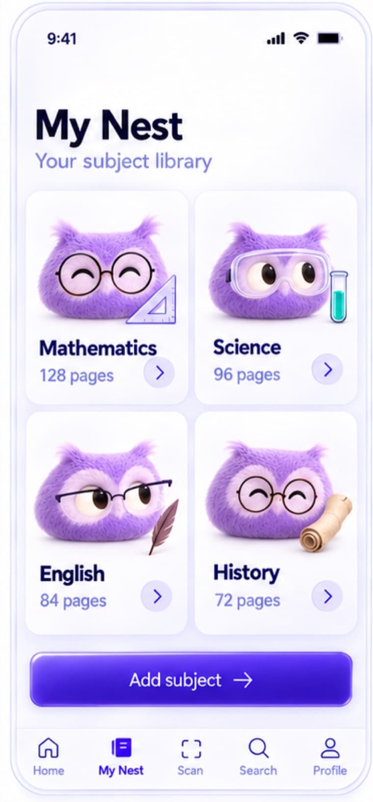 My Nest subject library with an owl for each subject