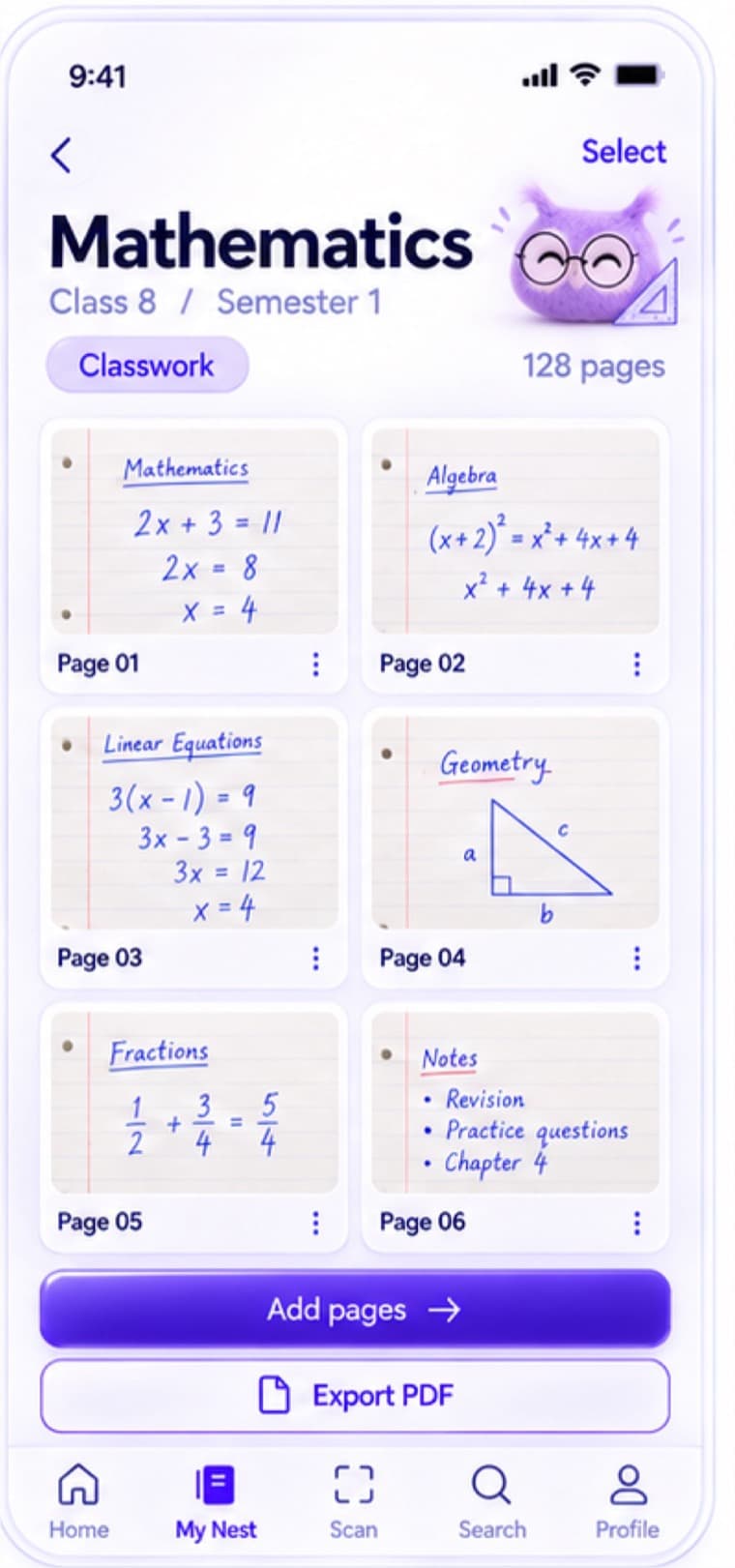 A Mathematics notebook showing its scanned pages in a grid
