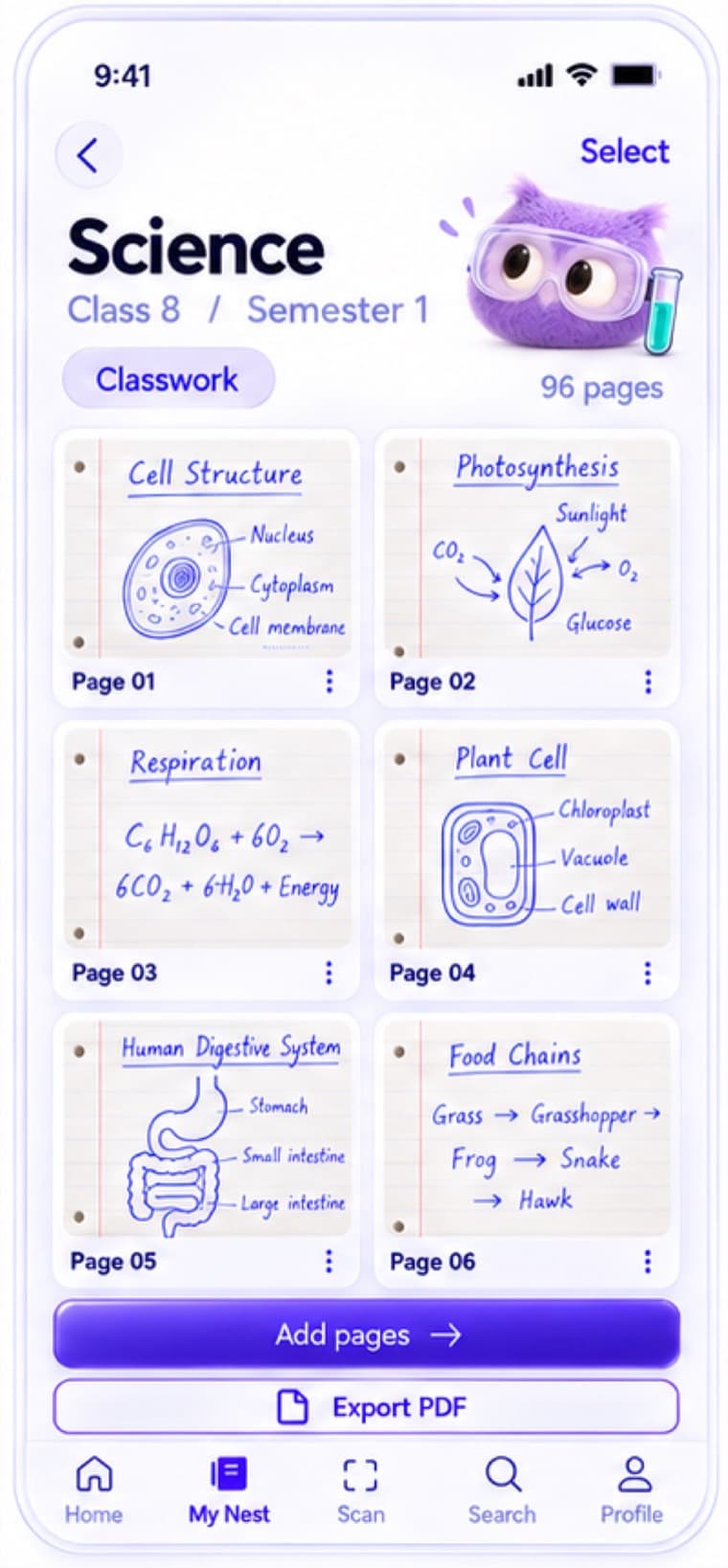 A Science notebook with scanned pages