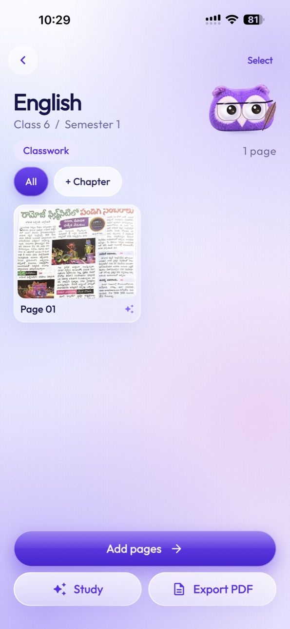 StudyNest English notebook page list on iPhone 15 Pro Max