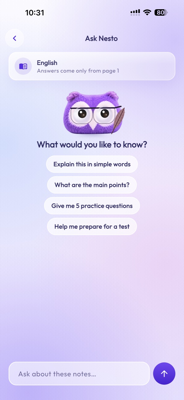 StudyNest Ask Nesto screen on iPhone 15 Pro Max