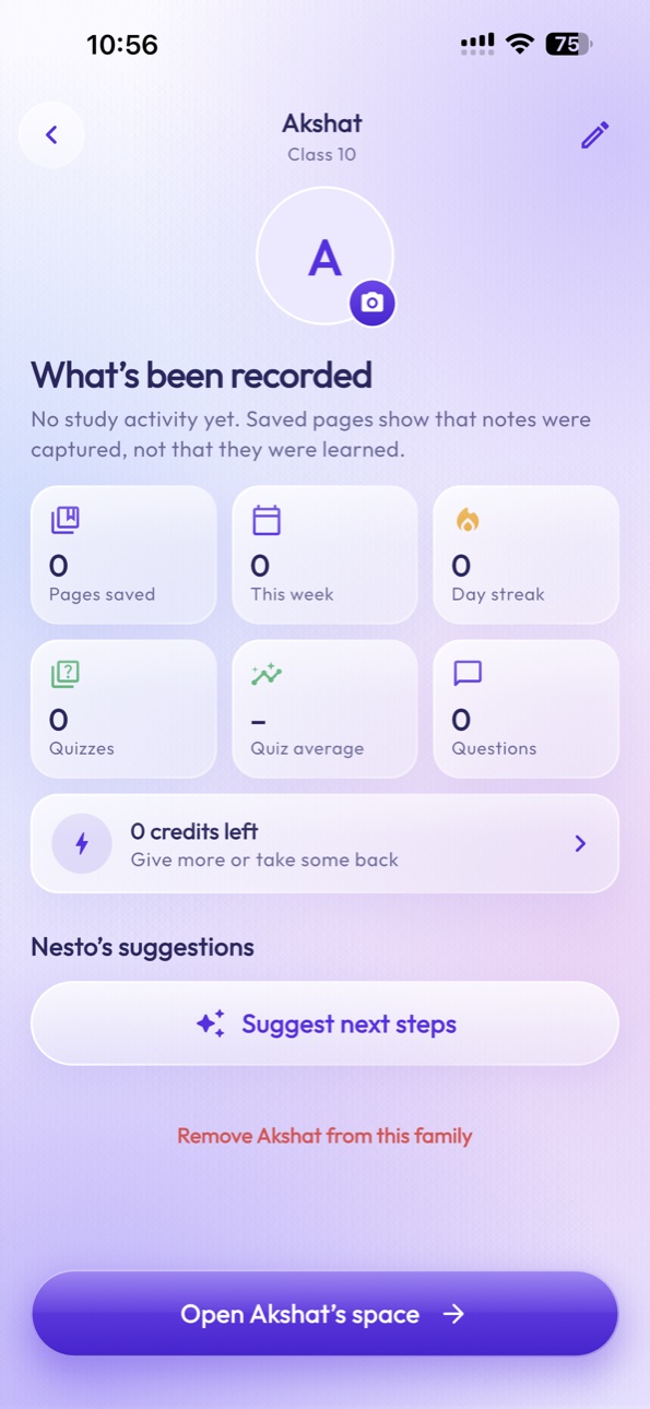 StudyNest child profile screen on iPhone 15 Pro Max