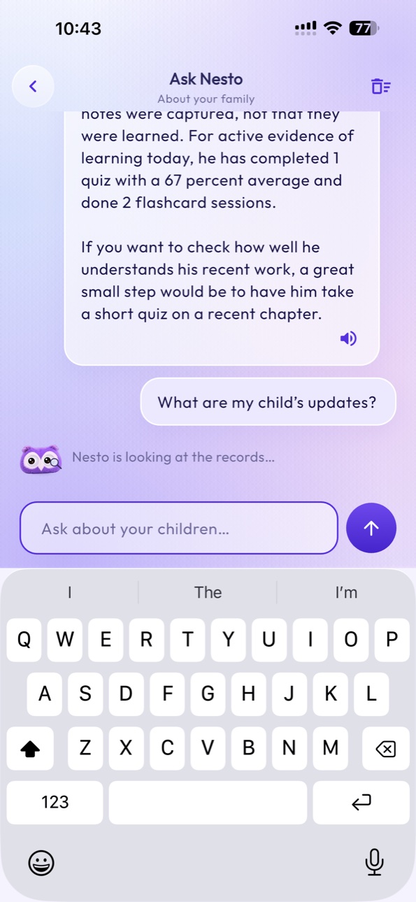 StudyNest Ask Nesto about your family screen on iPhone 15 Pro Max