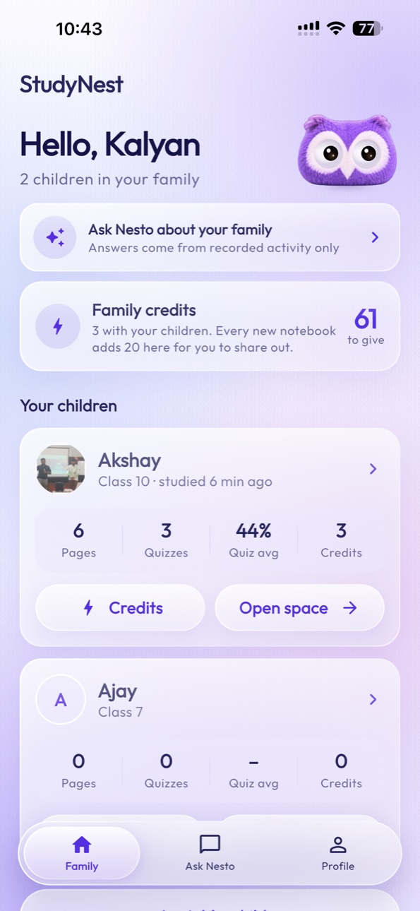 StudyNest Parent dashboard screen on iPhone 15 Pro Max