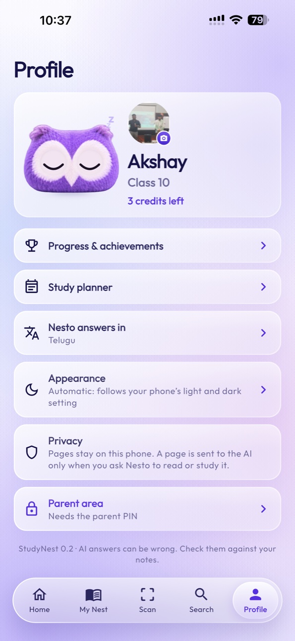 StudyNest Profile screen on iPhone 15 Pro Max