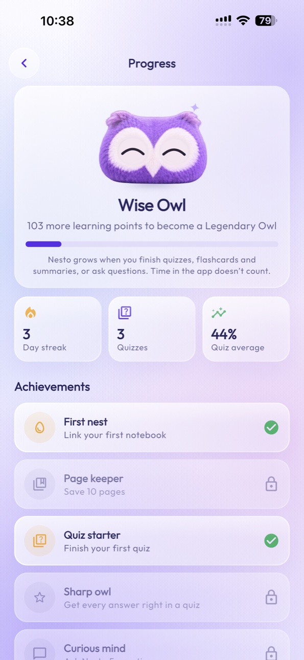 StudyNest Progress and achievements screen on iPhone 15 Pro Max