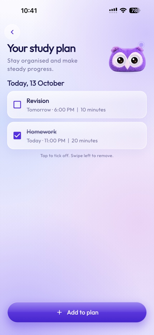 StudyNest Study planner screen on iPhone 15 Pro Max